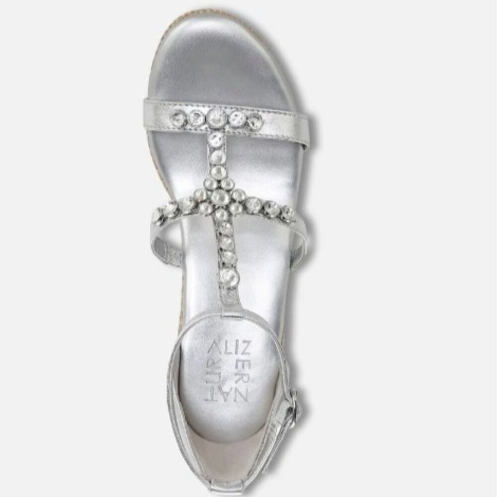 Naturalizer Silver T-Strap Jeweled Espadrille Wedge Sandals - Picture 5 of 6